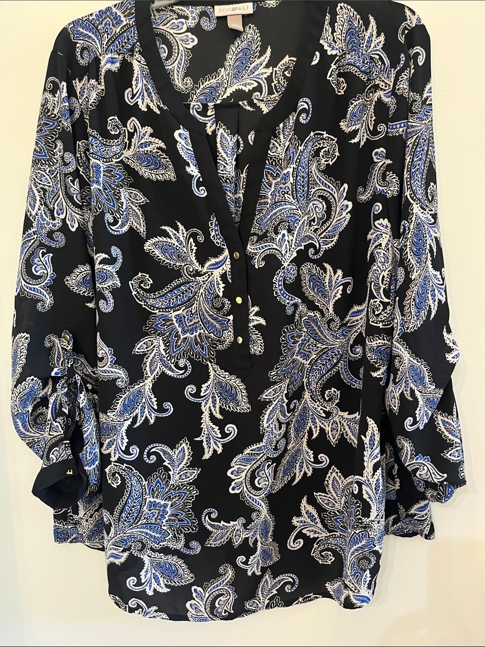 Roz & Ali Black Tunic with Blue & White Paisley Sz 2X